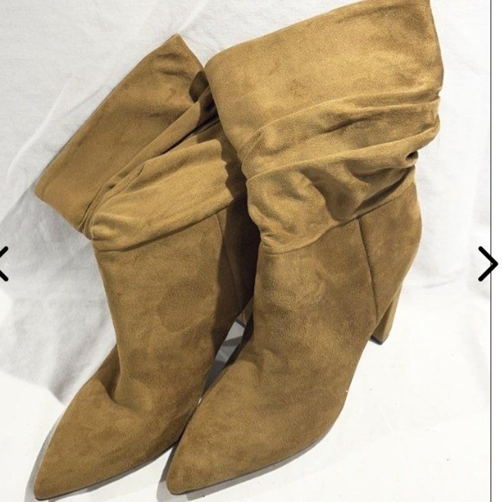 Nine West Denner Cognac Brown Faux Suede Slouchy Mid-Calf Block Heel Boots 6M